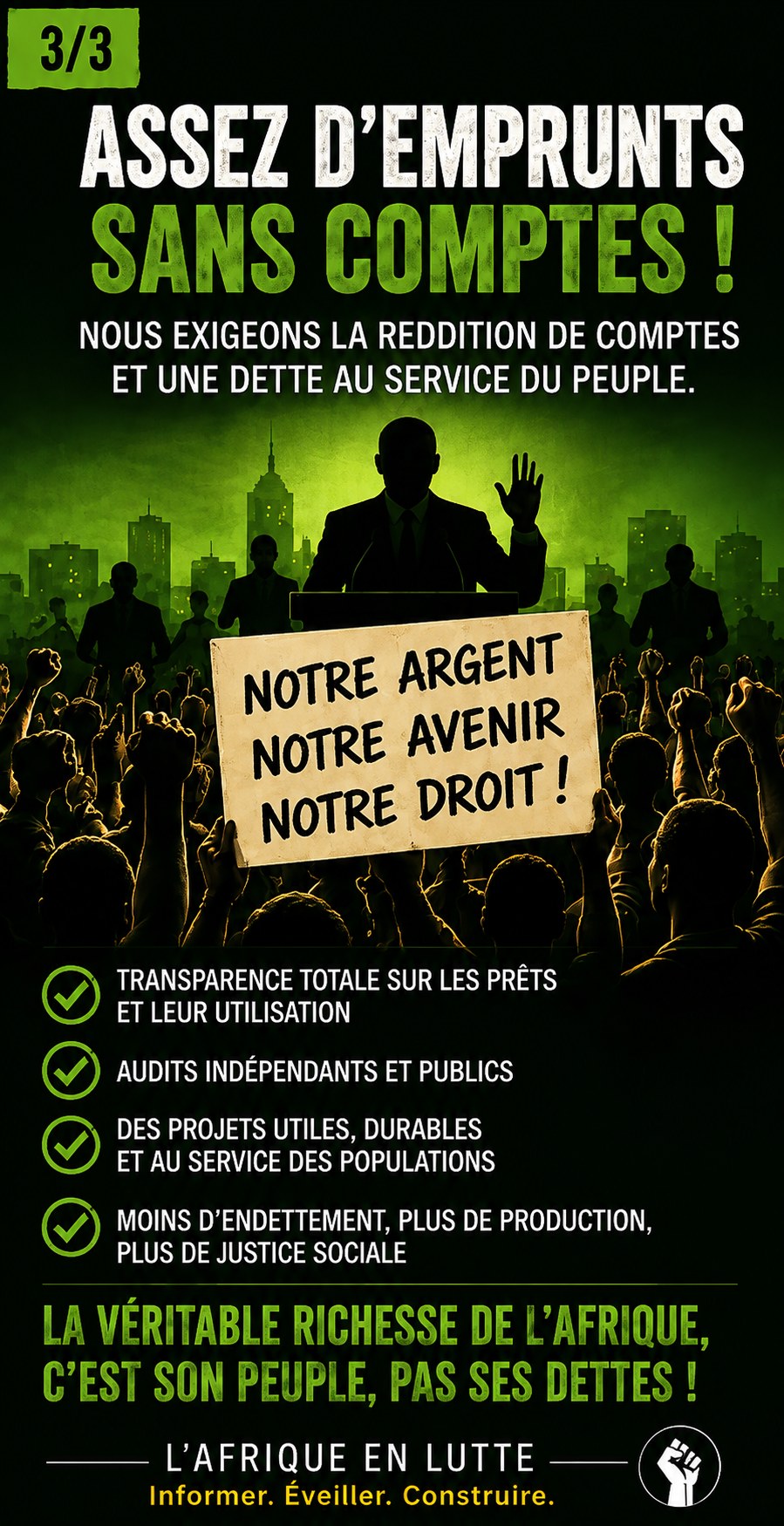 Assez d'emprunts sans comptes ! Nous exigeons la reddition de comptes et une dette au service du peuple. Notre argent, notre avenir, notre droit !