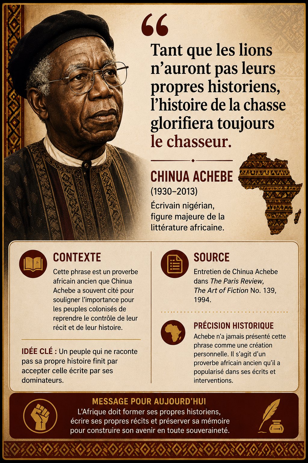 Chinua Achebe : tant que les lions n'auront pas leurs propres historiens, l'histoire de la chasse glorifiera toujours le chasseur.