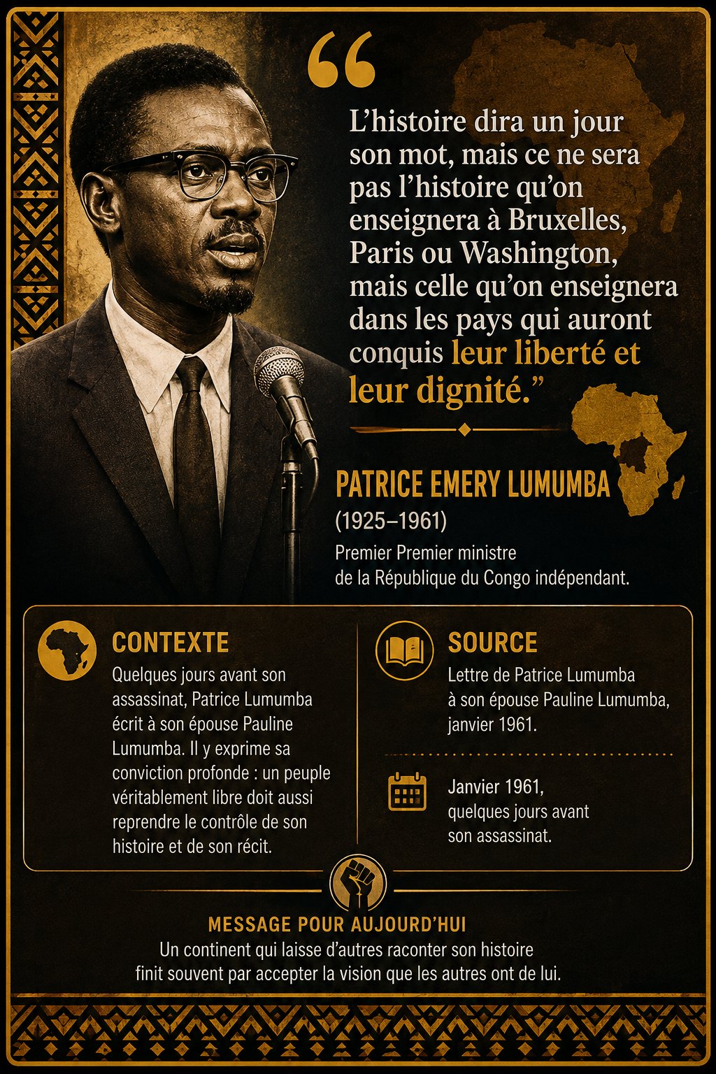 Patrice Lumumba : L'histoire dira un jour son mot. L'Afrique écrira sa propre histoire.