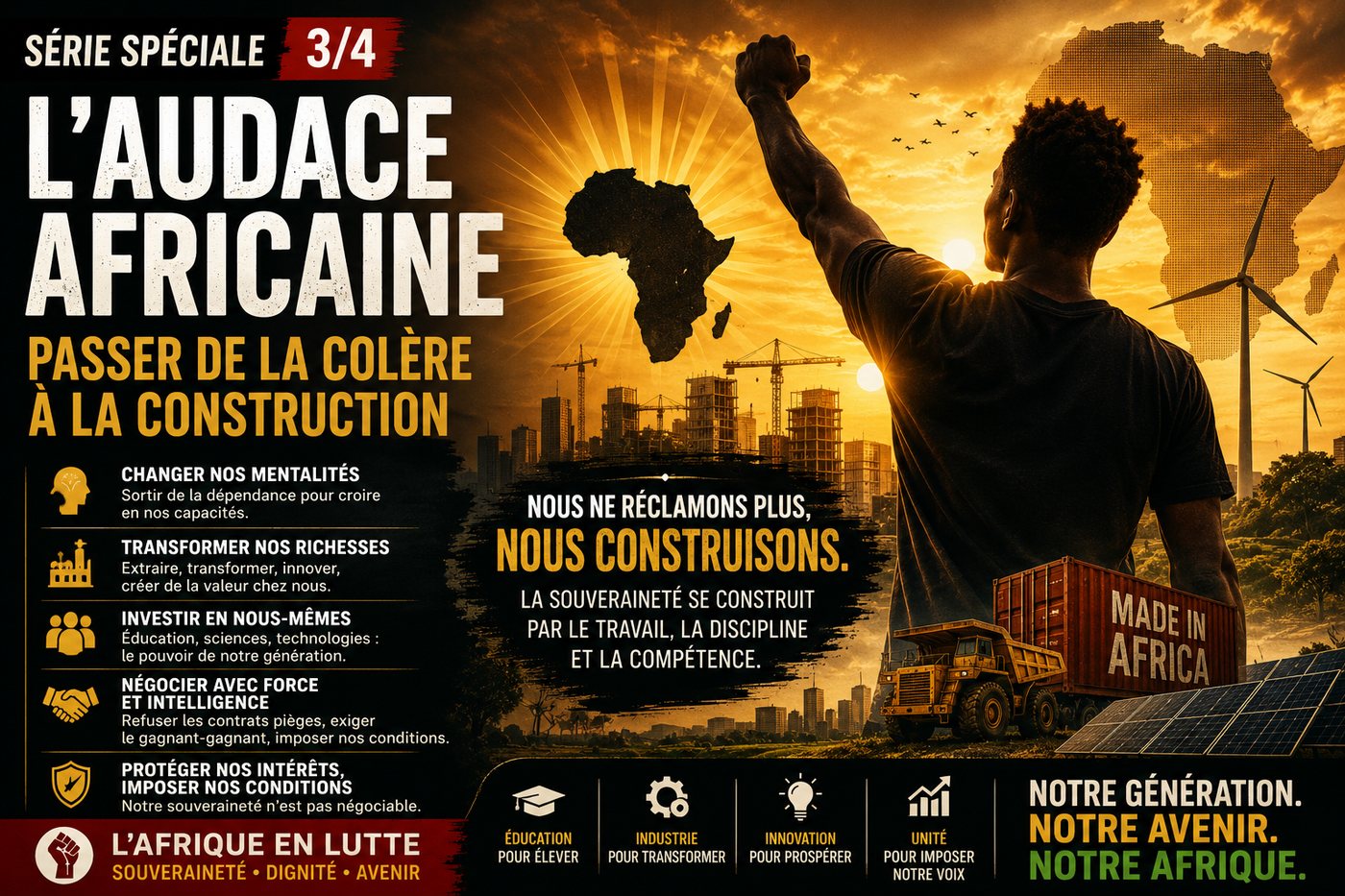 L'audace africaine : passer de la colère à la construction. Nous ne réclamons plus, nous construisons. La souveraineté se construit par le travail, la discipline et la compétence.