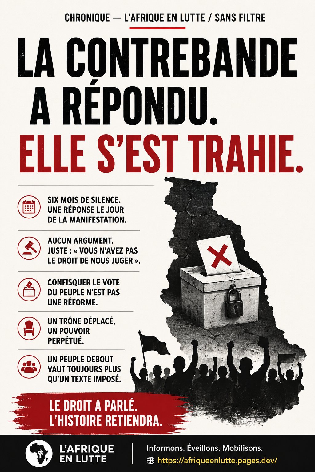 La contrebande a répondu, elle s'est trahie. Six mois de silence, une réponse le jour de la manifestation. Confisquer le vote du peuple n'est pas une réforme.