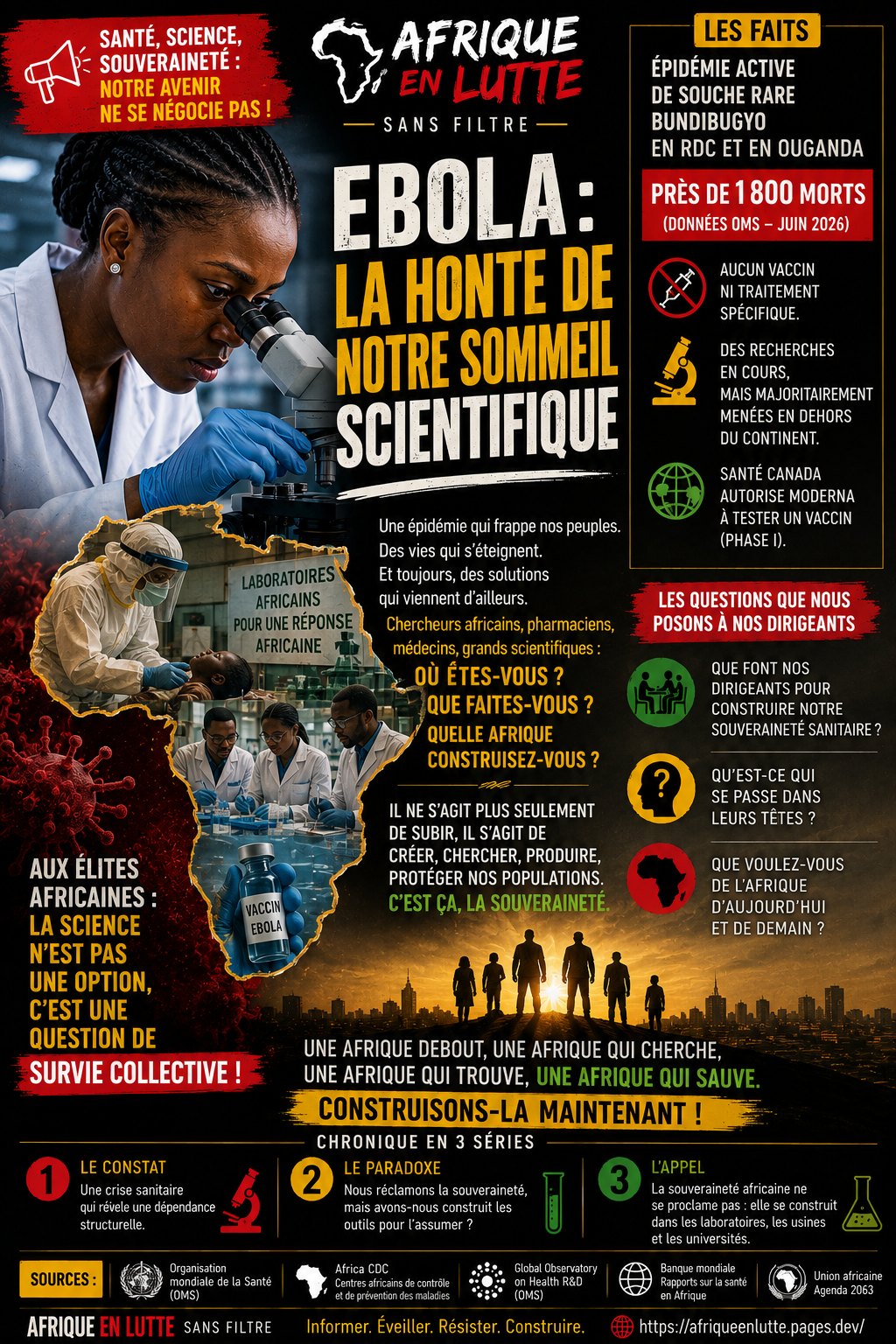 Ebola : la honte de notre sommeil scientifique. Une épidémie active, des milliers de vies en danger, et ce sont encore les autres qui cherchent le vaccin. Aux élites africaines : la science n'est pas une option, c'est une question de survie collective.