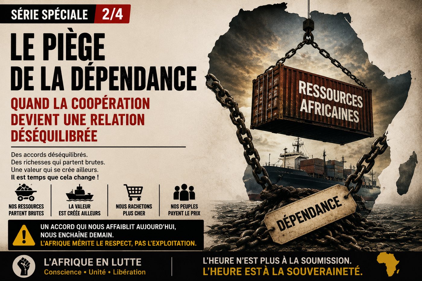 Le piège de la dépendance. Nos ressources partent brutes, la valeur est créée ailleurs, nous rachetons plus cher, nos peuples payent le prix.